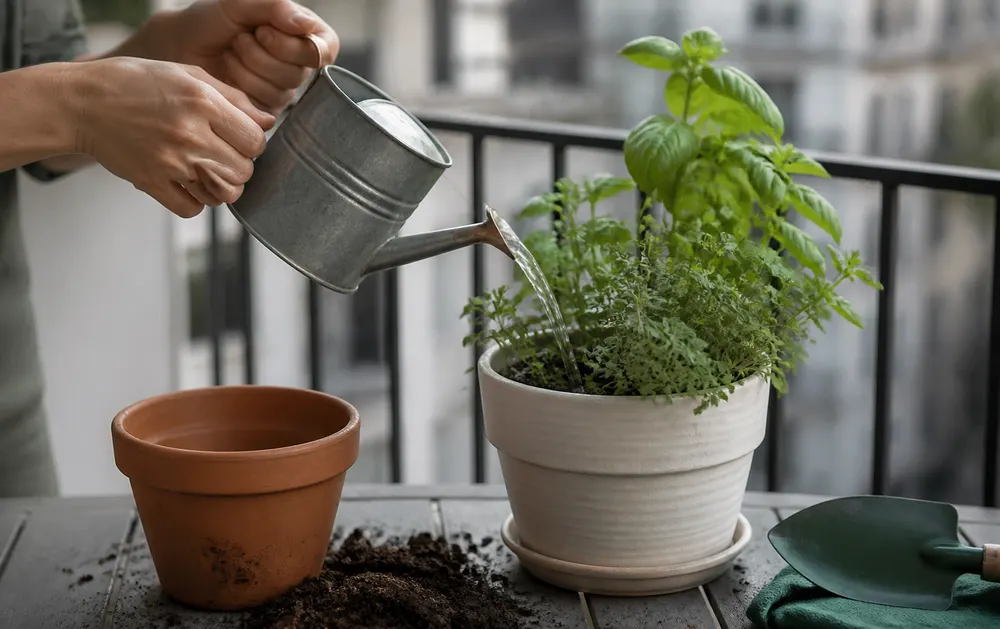 Balcony watering and a light repot